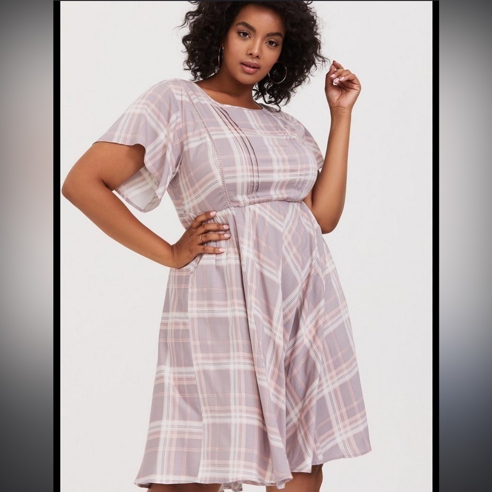 Torrid Lilac Purple & Blush Pink Plaid Challis Skater Dress